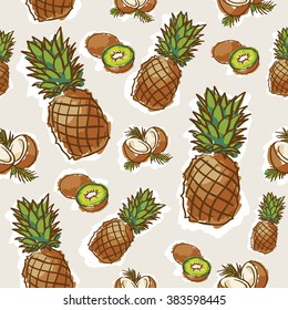 seamless pine apples, kiwi and coconut pattern