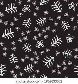 Seamless pine trees and flowers vector pattern. Repeat forest nature background with cute tree elements. Trendy black and white festive winter fashion print design. Modern trendy illustration.