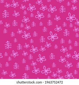 Seamless pine trees and flowers vector pattern. Repeat forest nature background with cute tree elements. Trendy pink festive winter fashion print design. Modern trendy illustration.