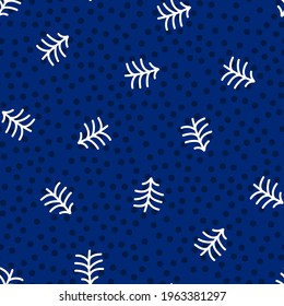 Seamless pine trees vector pattern. Repeat forest nature background with cute tree elements. Trendy navy blue festive winter fashion print design. Modern trendy polka dots illustration.