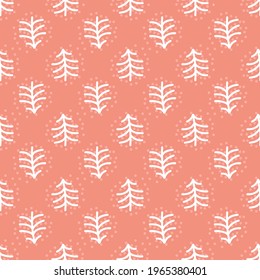 Seamless pine trees vector pattern. Repeat forest nature background with cute tree elements. Trendy blush pink festive winter fashion print design. Modern trendy illustration.