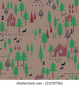Seamless pine trees wooden huts and horses. Can be used for baby t-shirt print, fashion print design, kids wear, baby shower, celebration, greeting and invitation.
