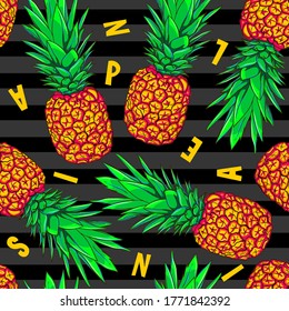 Seamless pineapple ananas pattern on black striped background with bright letters. Summer trendy textile food print. Fruits ornament.