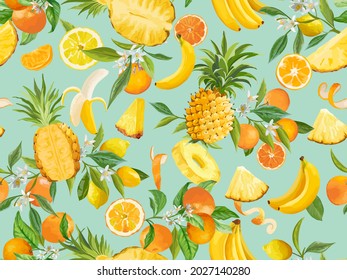 Piña sin soldadura, plátano, limón, mandarina, naranja con frutas de verano, hojas, fondo de flores. Ilustración vectorial estilo de acuarela tropical para cubierta de resorte, textura, fondo de envoltura