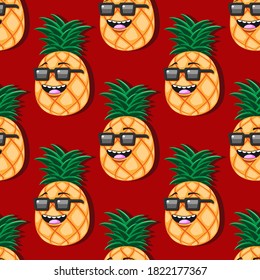 seamless pineapple cartoon pattern with glasses on red background. Vector image eps 10