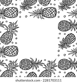 Seamless pineapple frame. Doodle vector with ananas. Vintage pineapple background