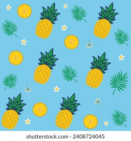 Seamless pineapple  leaf  and flower pattern illustration, blue background