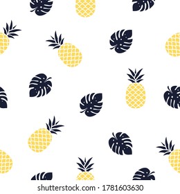 Seamless pineapple with leaves pattern vector illustration on white.