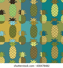Seamless pineapple pattern collection. Repeated vector texture background set.