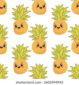 Seamless Pineapple Pattern with Cute Kawaii Summer Fruits