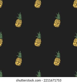 Seamless pineapple pattern. Doodle vector with yellow ananas. Vintage pineapple pattern