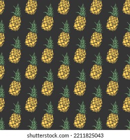 Seamless pineapple pattern. Doodle vector with yellow ananas. Vintage pineapple pattern