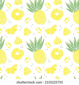 Seamless pineapple pattern, drawn doodle elements in sketch style. Whole pineapple, parts, leaves, slices, core, juice drops. Vector illustration, isolated on white background