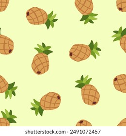 Seamless pineapple pattern. Exotic fruit, endless design with ananas. Summer background, repeating print, texture for fabric, wallpaper and wrapping. Tropical fruity motif. Repeatable vector art