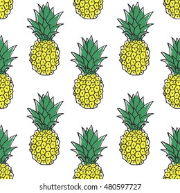 Seamless pineapple pattern. Fruits on white background. Green and yellow vector illustration.