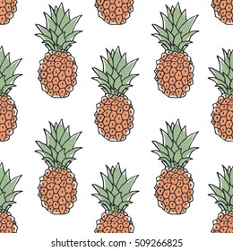 Seamless pineapple pattern. Fruits on white background. Vector illustration.
