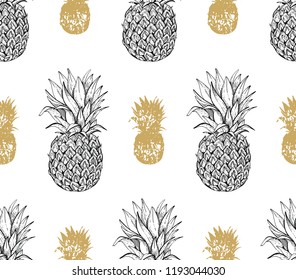 Seamless pineapple pattern, hand drawn doodle texture. Realistic elegant black line ananas with luxury golden grunge silhouette icons. Handdrawn vector illustration isolated on white background.