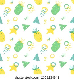 Seamless pineapple pattern. Hand drawn colored doodle icons. Cute fruit design for textile fabric or wallpaper summer backgrounds. Green and yellow