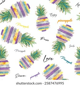 Seamless pineapple pattern with hand drawn art abstract writing background elements isolated in green, purple, yellow and gray colors. Text and fruit pattern wallpaper design