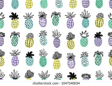 Seamless pineapple pattern. Handdrawn Pinapple with different textures in pastel colors. Exotic fruits background For Fashion print, textile, fabric, covers, wallpapers, wrap. Vector