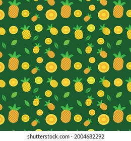 Seamless Pineapple pattern on dark green background . Vector Illustration 