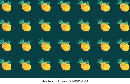 Seamless pineapple pattern on a dark green background. Tropical summer design featuring fresh pineapples arranged in a repeating layout. Bold and vibrant fruit illustration perfect for textile prints, fabric, wallpaper, packaging, wrapping paper, stationery, and surface pattern design. Ideal for tropical, food, and botanical themed projects.