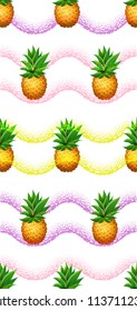 Seamless PINEAPPLE pattern. Realistic cartoon pineapples on hand drawn brush background. Tropical fruits pattern for mobile cover, textile, wallpapers, web, food seasonal card. Vector illustration EPS
