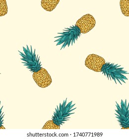 Seamless pineapple pattern. Summer ornament  with ananas for textile design. Hand drawn exotic tropical illustration.