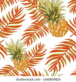 Seamless pineapple pattern with tropical leaves for background and textile