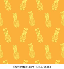 Seamless pineapple pattern, vector illustration, hand drawing, orange and yellow color