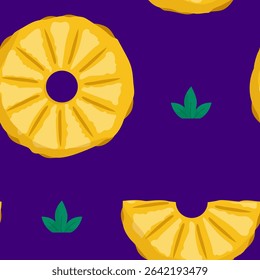 Seamless Pineapple Ring Pattern on Dark Background. Colorful seamless pineapple slice pattern with tropical leaves on a dark background, perfect for exotic textile or wallpaper design.
