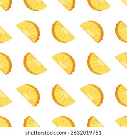 A seamless pineapple slice pattern in retro pixel art style. Bright and playful tropical design suitable for summer-themed projects such as packaging, fabric prints, digital backgrounds, and games.