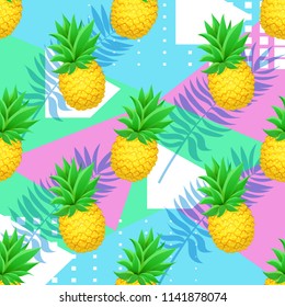 Seamless PINEAPPLE tropical pattern with palm leaves on geometrical background. Realistic cartoon pineapples. Exotic fruits pattern for sale, textile, wallpapers, web, food seasonal card. Vector