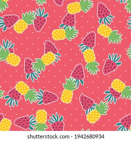 Seamless pineapple vector pattern. Repeat summer background with cute strawberry food elements. Trendy pink fashion print design. Modern illustration.