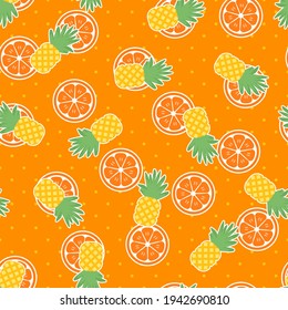 Seamless pineapple vector pattern. Repeat summer background with cute orange slice food elements. Trendy polka dot fashion print design. Modern illustration.
