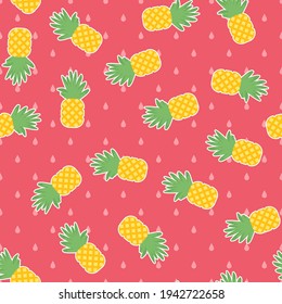 Seamless pineapple vector pattern. Repeat summer background with cute food elements. Trendy pink polka dot fashion print design. Modern illustration.