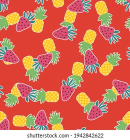Seamless pineapple vector pattern. Repeat summer background with cute strawberry food elements. Trendy red fashion print design. Modern illustration.
