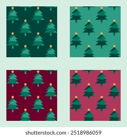 Seamless pines Trees with star pattern design. Winter vector set with 4 different colors background.