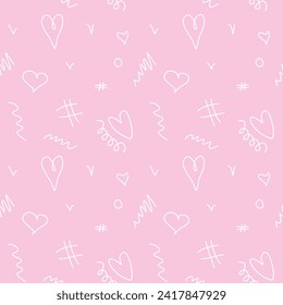 Seamless pink abstract pattern of different outline hearts and doodles. Freehand scribble background, texture for textile, wrapping paper, Valentines day, romantic design