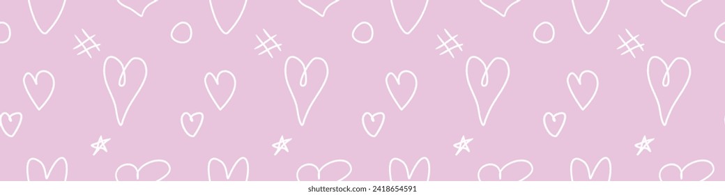 Seamless pink abstract pattern of different outline hearts and doodles. Freehand scribble background, texture for textile, wrapping paper, Valentines day, romantic design