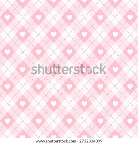 Seamless pink argyle pattern decorated with small heart motifs. Sweet and romantic design ideal for Valentine’s Day, textiles, stationery, and gift wrapping.