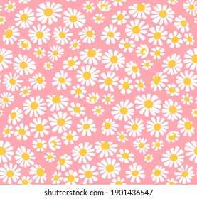 Seamless pink background with bouquets of small chamomiles. Floral ditsy pattern. Vector illustration