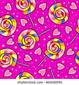 seamless pink background with bright lollipops and hearts, sketch