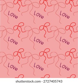 Un fondo rosa sin fisuras con líneas de cinta dibujadas a mano y texto de "amor" escrito a mano repetido, creando un patrón romántico juguetón ideal para diseños con temática de San Valentín.