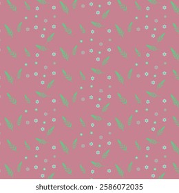 Seamless Pink Background with Green Leaves and Small Flowers