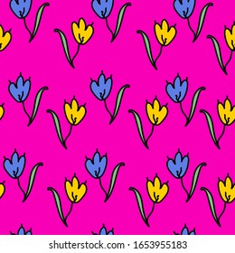 Seamless pink background with the image of yellow and blue tulips. Suitable for packaging, signage and wrappers of floral products. Vector graphics.