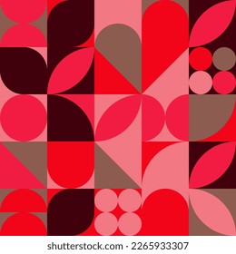 Seamless pink background for Lover's Day card template. Trendy geometric shapes with circles, squares and hearts in retro style for a Valentine's Day or wedding day cover.