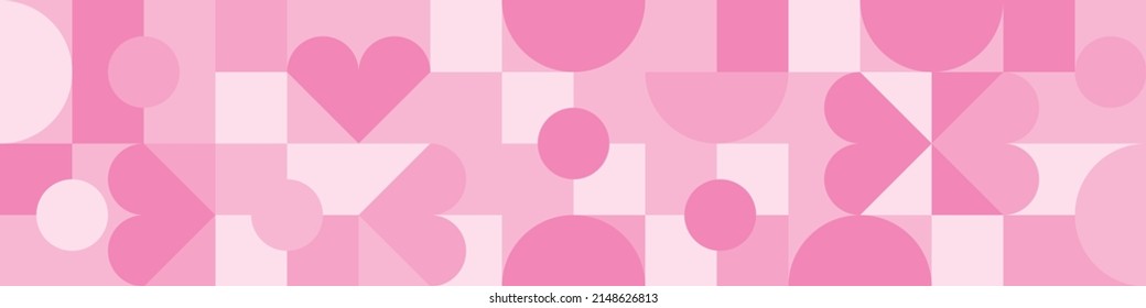 Seamless pink background for Mother's Day card template. Trendy geometric shapes with circles and hearts in retro style for Valentine's Day cover.
