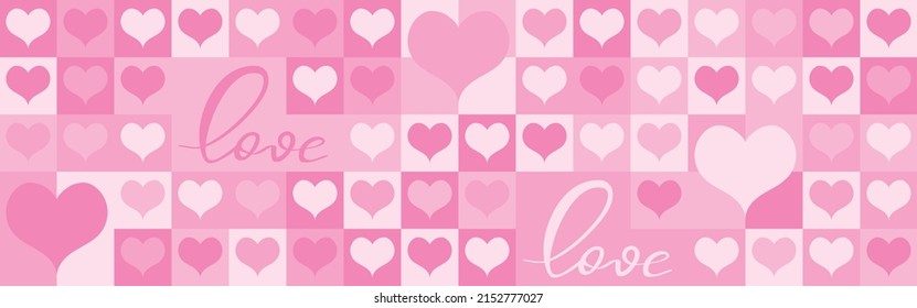 Seamless pink background for Mother's Day card template. Trendy geometric shapes with circles, squares and hearts in retro style for a Valentine's Day or wedding day cover.