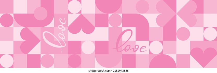 Seamless pink background for mother's day flyer template, word love - lettering. Trendy geometric shapes with circles, squares and hearts in retro style for Valentine's Day cover or wedding.